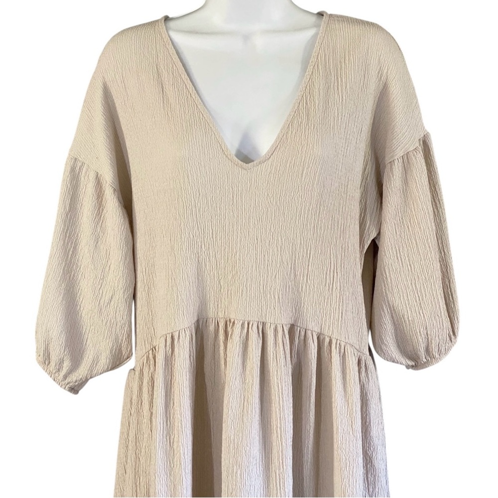 Zara Babydoll Dress M Crinkle Crepe Balloon Sleeve Lagenlook Peasant Folk Midi - Picture 3 of 9